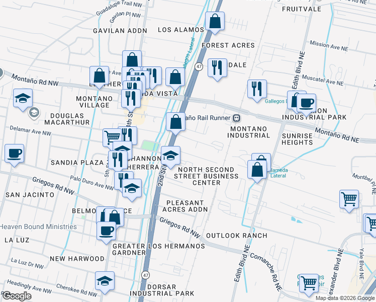 map of restaurants, bars, coffee shops, grocery stores, and more near 165 Hilton Avenue Northwest in Albuquerque
