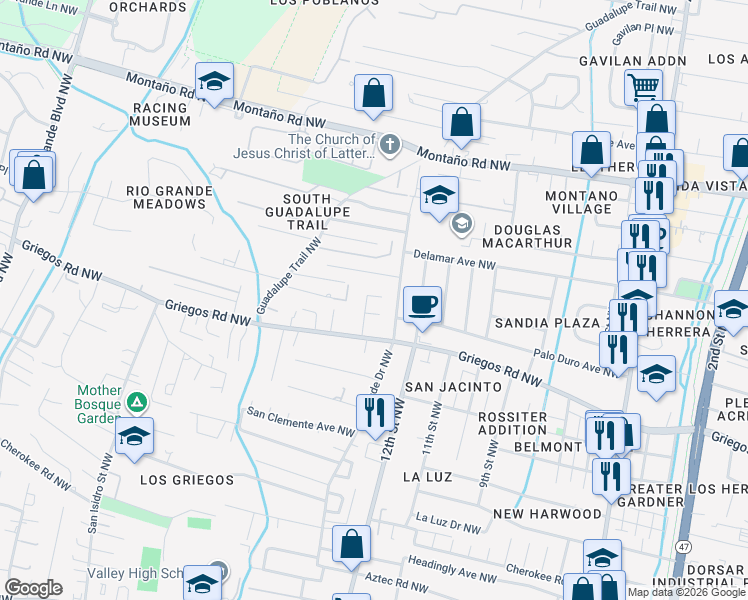 map of restaurants, bars, coffee shops, grocery stores, and more near 99999 Ponderosa Avenue Northwest in Albuquerque