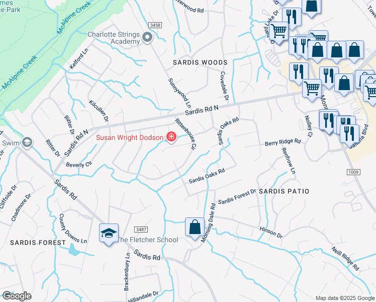 map of restaurants, bars, coffee shops, grocery stores, and more near 8802 Rittenhouse Circle in Charlotte