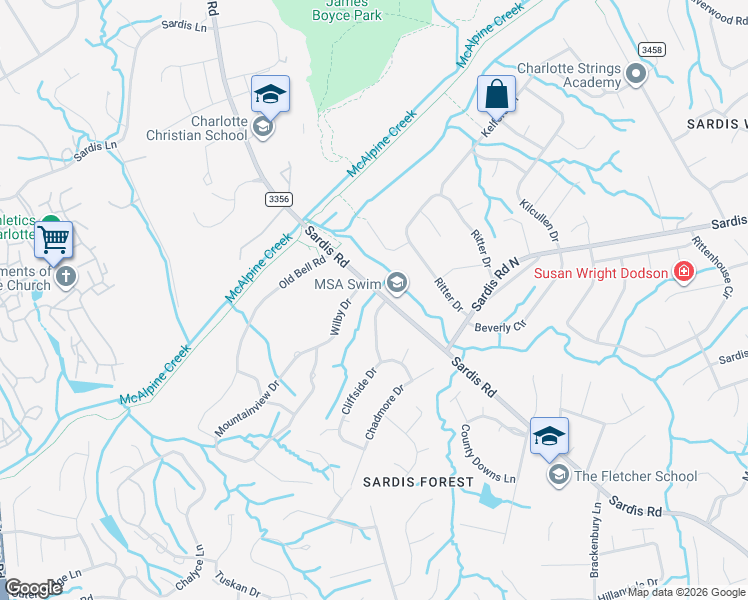 map of restaurants, bars, coffee shops, grocery stores, and more near 7818 Sardis Road in Charlotte