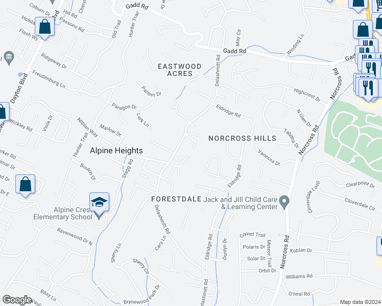 map of restaurants, bars, coffee shops, grocery stores, and more near 4909 Brighton Lane in Chattanooga