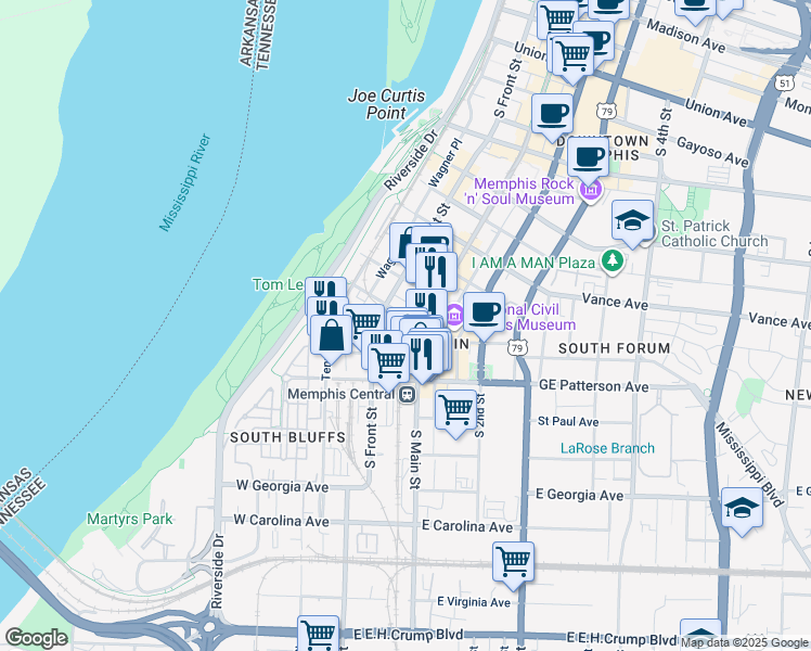 map of restaurants, bars, coffee shops, grocery stores, and more near 484 South Front Street in Memphis