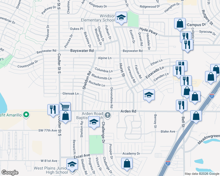map of restaurants, bars, coffee shops, grocery stores, and more near 6805 Rochelle Lane in Amarillo