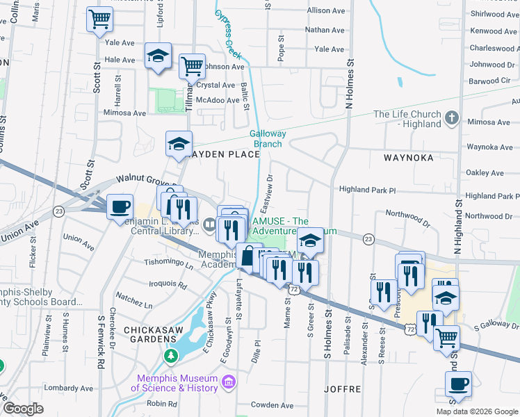 map of restaurants, bars, coffee shops, grocery stores, and more near 3100 Walnut Grove Road in Memphis