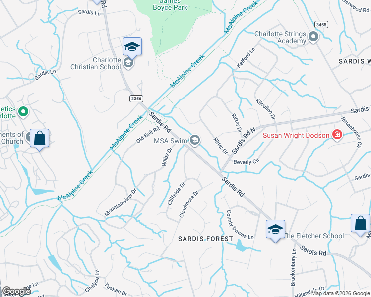 map of restaurants, bars, coffee shops, grocery stores, and more near 7818 Sardis Road in Charlotte