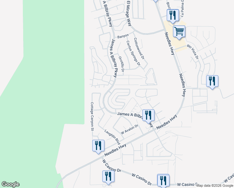 map of restaurants, bars, coffee shops, grocery stores, and more near 3471 Cottage Thistle Drive in Laughlin