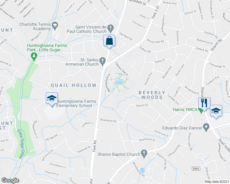 map of restaurants, bars, coffee shops, grocery stores, and more near 3738 Cypress Club Drive in Charlotte