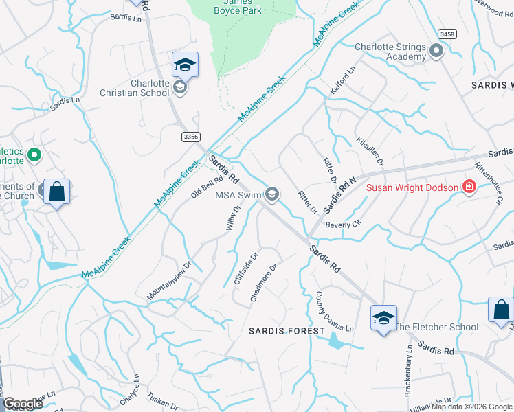 map of restaurants, bars, coffee shops, grocery stores, and more near 7818 Sardis Road in Charlotte
