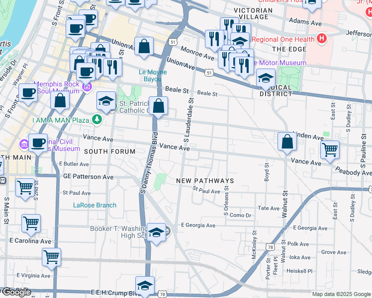 map of restaurants, bars, coffee shops, grocery stores, and more near 555 Vance Avenue in Memphis