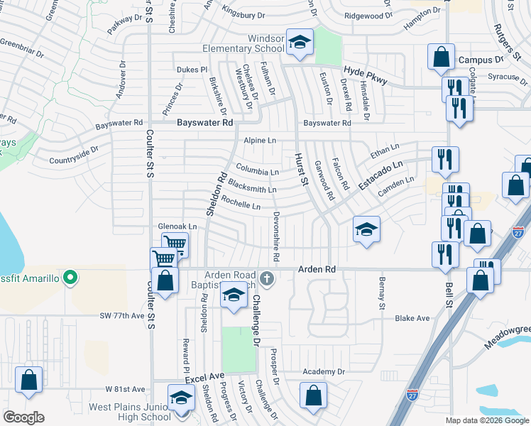 map of restaurants, bars, coffee shops, grocery stores, and more near 6805 Rochelle Lane in Amarillo