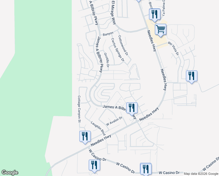 map of restaurants, bars, coffee shops, grocery stores, and more near 3431 Cottage Thistle Drive in Laughlin