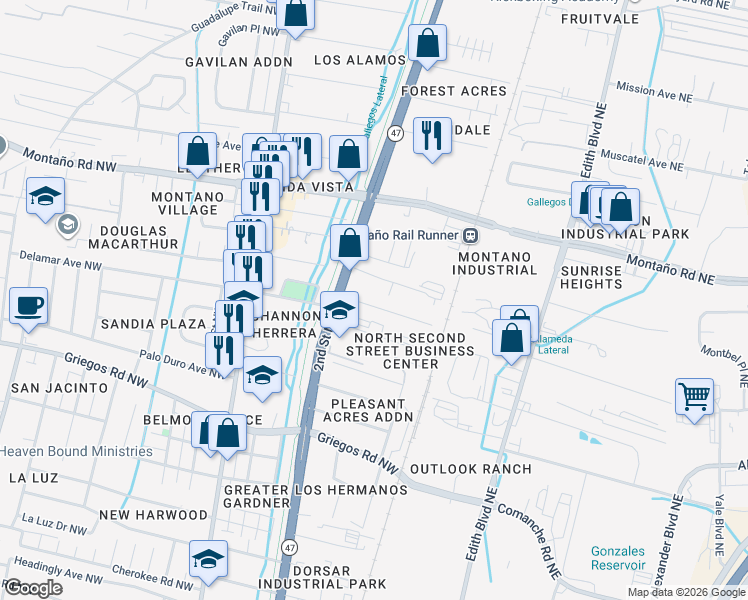 map of restaurants, bars, coffee shops, grocery stores, and more near 165 Hilton Avenue Northwest in Albuquerque