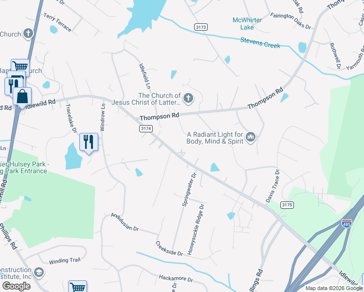 map of restaurants, bars, coffee shops, grocery stores, and more near 13909 Idlewild Road in Matthews