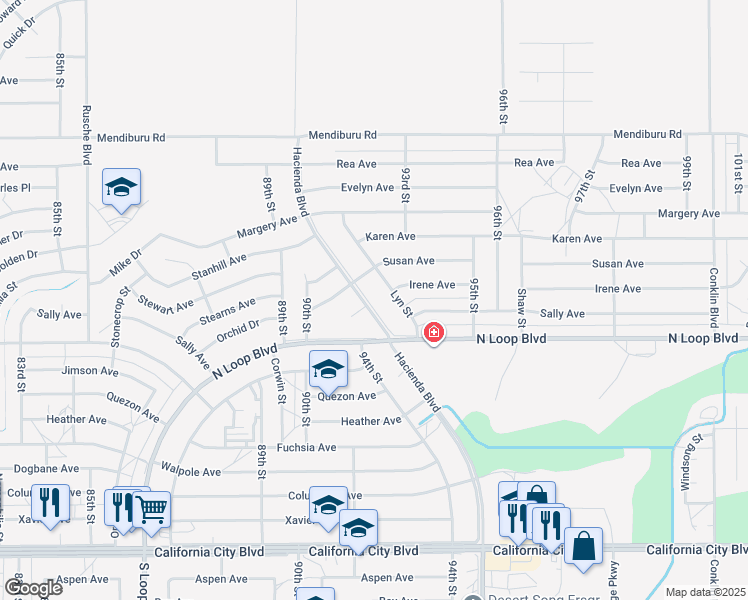 map of restaurants, bars, coffee shops, grocery stores, and more near 21600 Hacienda Boulevard in California City