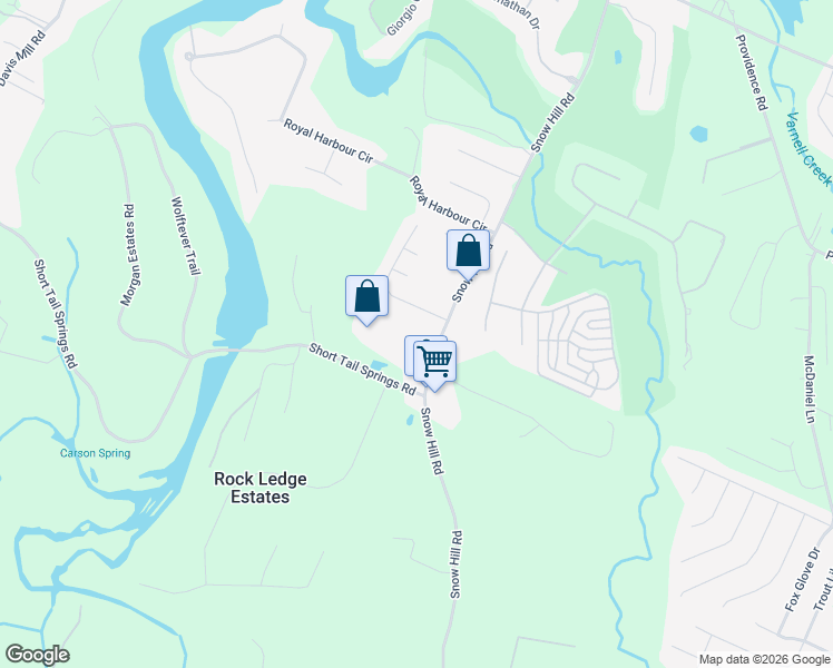 map of restaurants, bars, coffee shops, grocery stores, and more near 7315 Snow Hill Road in Ooltewah