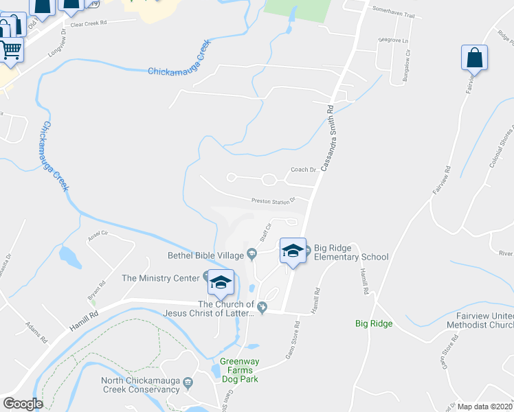 map of restaurants, bars, coffee shops, grocery stores, and more near 3008 Preston Station Drive in Chattanooga