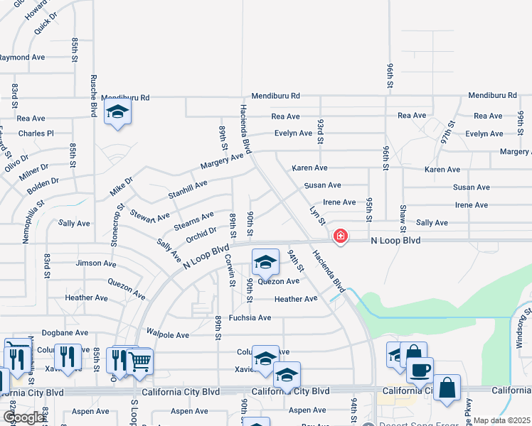 map of restaurants, bars, coffee shops, grocery stores, and more near Susan Court in California City