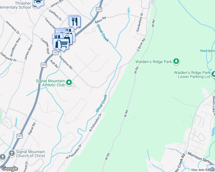map of restaurants, bars, coffee shops, grocery stores, and more near 1305 East Brow Road in Signal Mountain