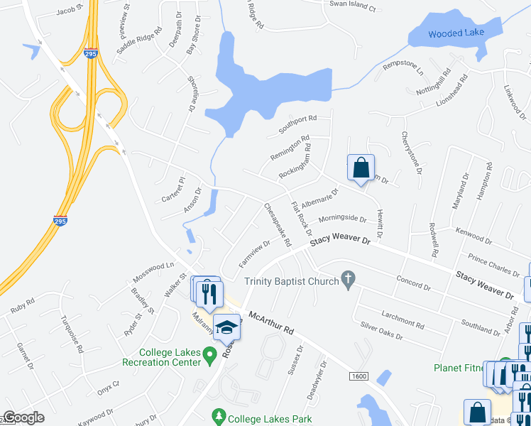 map of restaurants, bars, coffee shops, grocery stores, and more near 5139 Chesapeake Road in Fayetteville