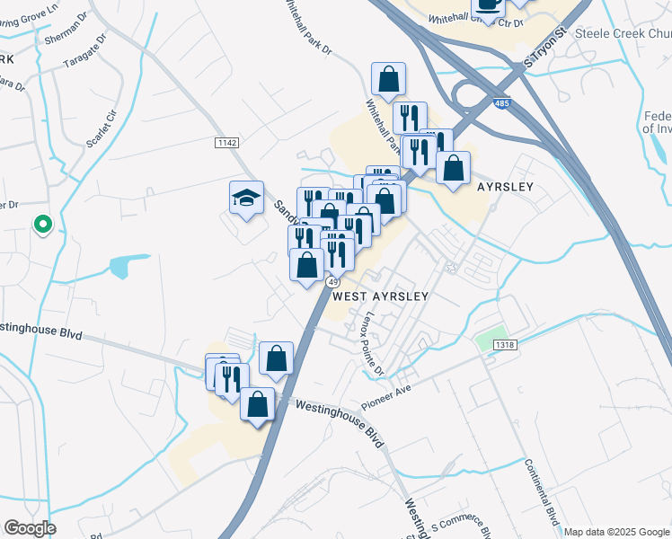 map of restaurants, bars, coffee shops, grocery stores, and more near S Tryon St & Sandy Porter Rd in Charlotte