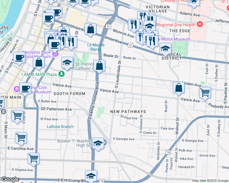 map of restaurants, bars, coffee shops, grocery stores, and more near 544 Vance Avenue in Memphis
