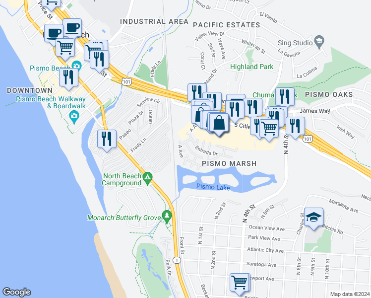 map of restaurants, bars, coffee shops, grocery stores, and more near 153 A Avenue in Pismo Beach