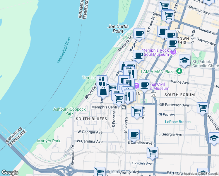 map of restaurants, bars, coffee shops, grocery stores, and more near 468 Wagner Place in Memphis