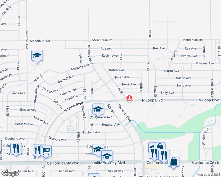 map of restaurants, bars, coffee shops, grocery stores, and more near 21600 Hacienda Boulevard in California City