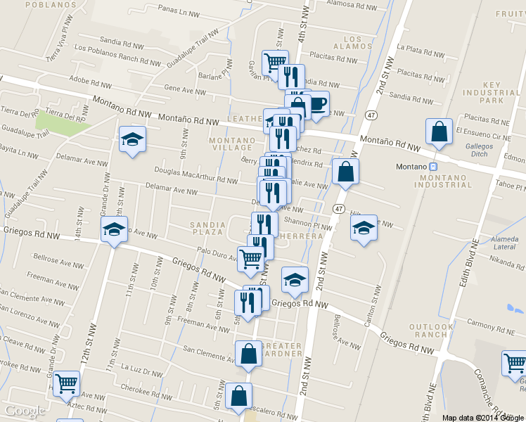 map of restaurants, bars, coffee shops, grocery stores, and more near in Albuquerque