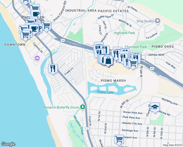 map of restaurants, bars, coffee shops, grocery stores, and more near 153 A Avenue in Pismo Beach