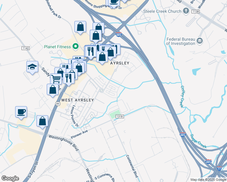 map of restaurants, bars, coffee shops, grocery stores, and more near 9210 Oban Passage Drive in Charlotte