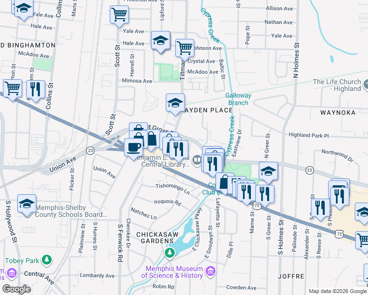 map of restaurants, bars, coffee shops, grocery stores, and more near 3009 Walnut Grove Road in Memphis