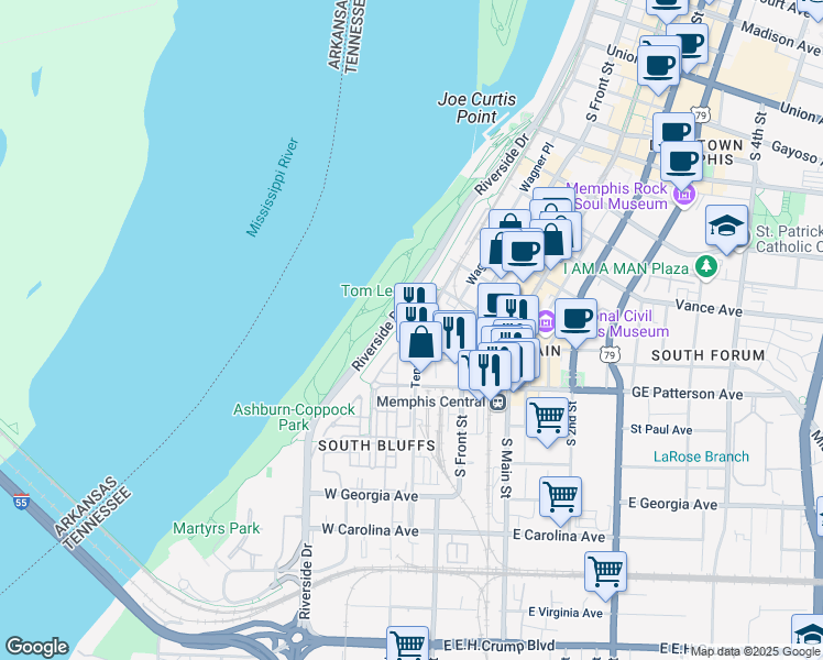 map of restaurants, bars, coffee shops, grocery stores, and more near 493 Tennessee Street in Memphis