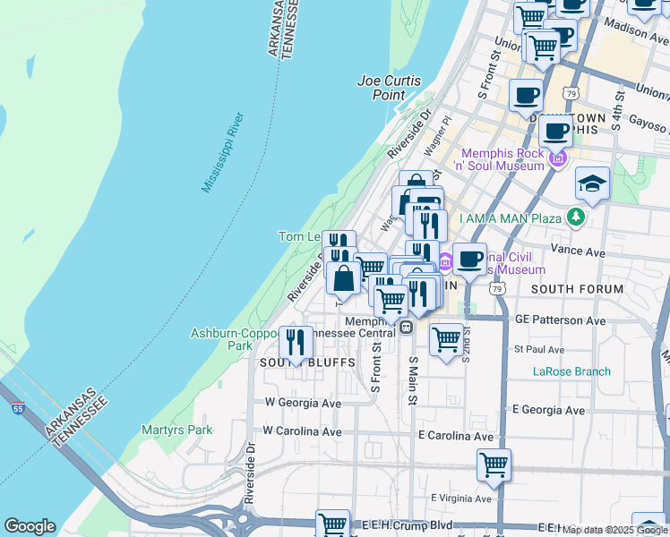 map of restaurants, bars, coffee shops, grocery stores, and more near 493 Tennessee Street in Memphis