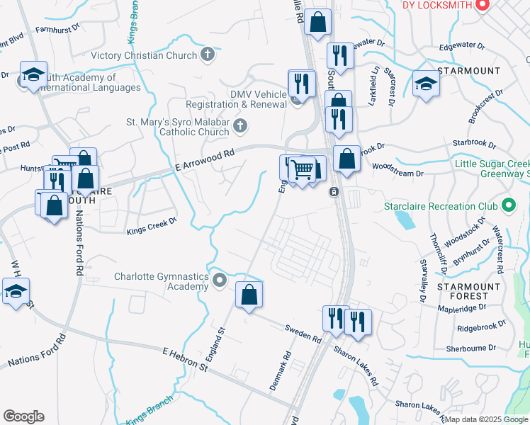 map of restaurants, bars, coffee shops, grocery stores, and more near 7716 England Street in Charlotte