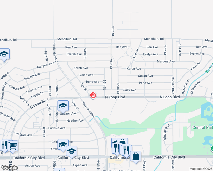 map of restaurants, bars, coffee shops, grocery stores, and more near 21608 95th Street in California City