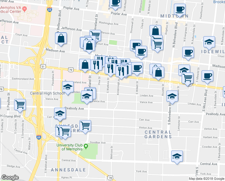 map of restaurants, bars, coffee shops, grocery stores, and more near 1438 Linden Avenue in Memphis