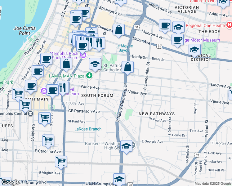 map of restaurants, bars, coffee shops, grocery stores, and more near 429 Vance Avenue in Memphis