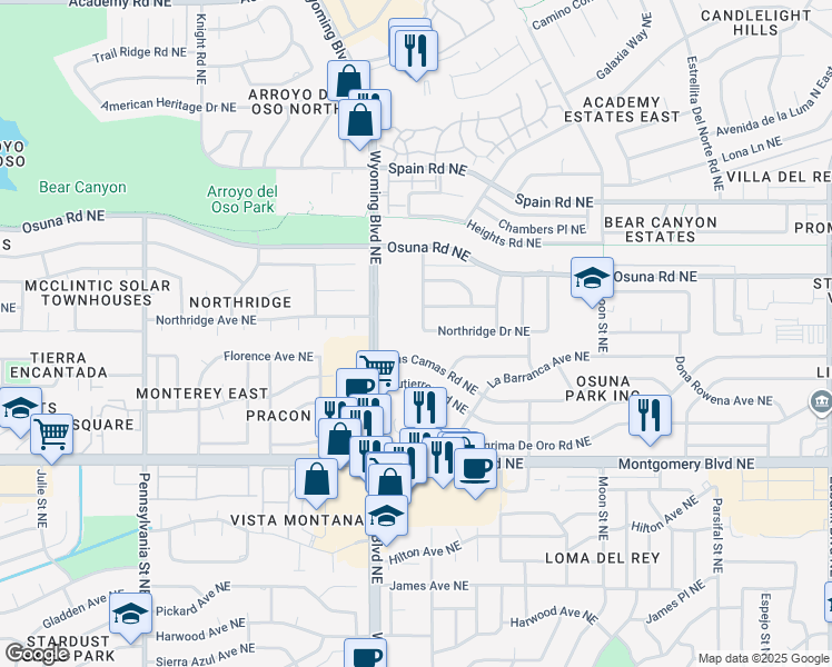 map of restaurants, bars, coffee shops, grocery stores, and more near 4801 General Bradley Street Northeast in Albuquerque