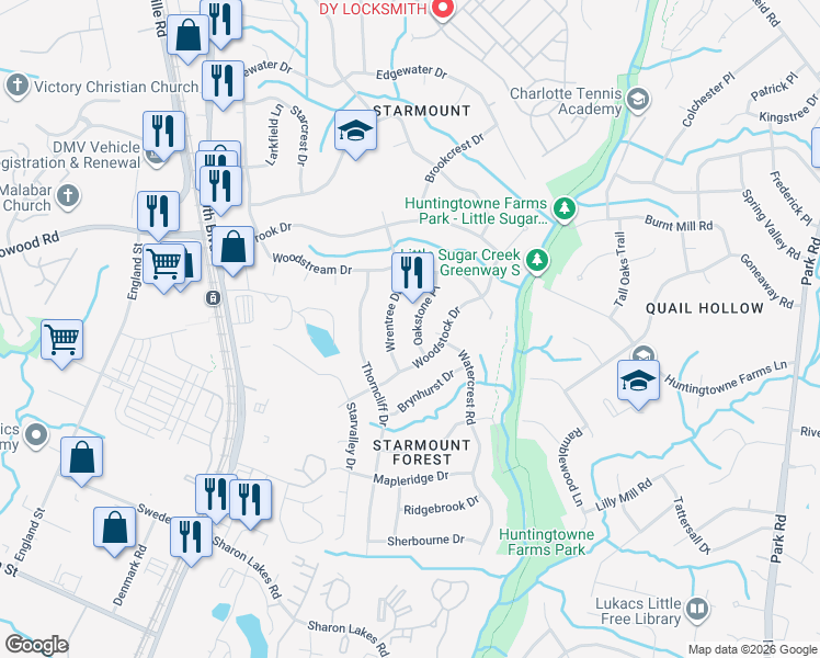 map of restaurants, bars, coffee shops, grocery stores, and more near 6956 Oakstone Place in Charlotte