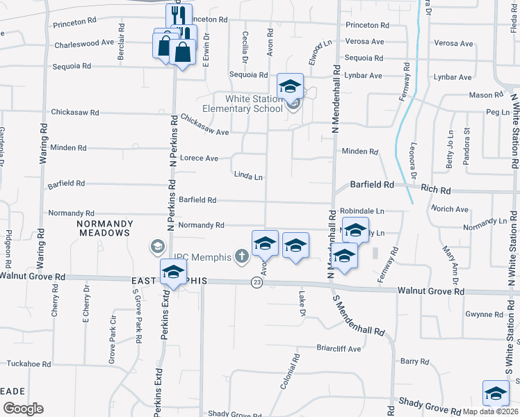 map of restaurants, bars, coffee shops, grocery stores, and more near 4777 Barfield Road in Memphis