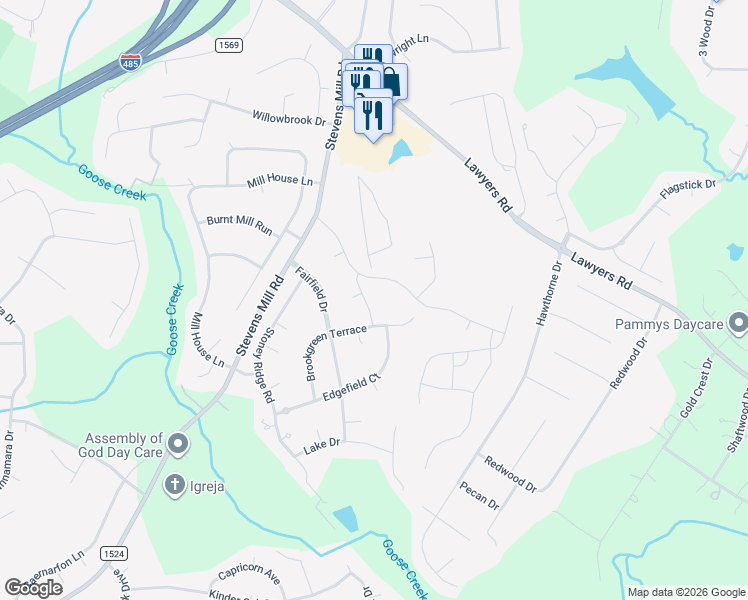 map of restaurants, bars, coffee shops, grocery stores, and more near 8004 April Lane in Matthews
