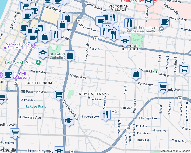 map of restaurants, bars, coffee shops, grocery stores, and more near 604 Vance Avenue in Memphis