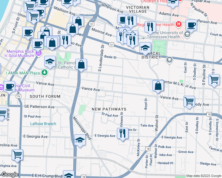 map of restaurants, bars, coffee shops, grocery stores, and more near 604 Vance Avenue in Memphis