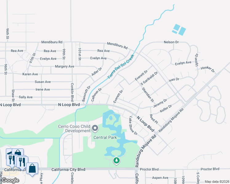 map of restaurants, bars, coffee shops, grocery stores, and more near Darrow Drive in California City