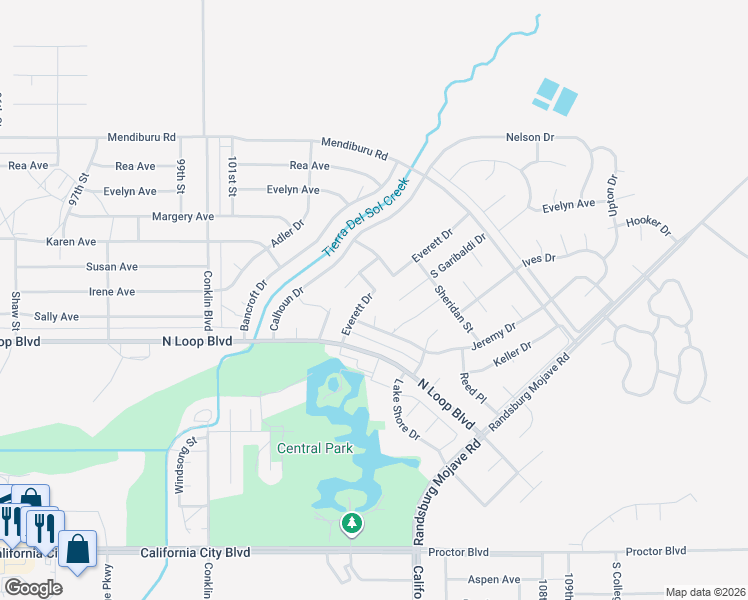 map of restaurants, bars, coffee shops, grocery stores, and more near 21620 Everett Drive in California City