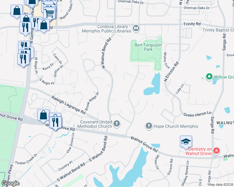 map of restaurants, bars, coffee shops, grocery stores, and more near 8362 Cedar Bend Cove in Memphis