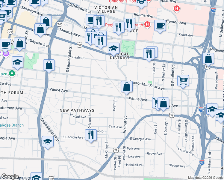 map of restaurants, bars, coffee shops, grocery stores, and more near 708 Vance Avenue in Memphis