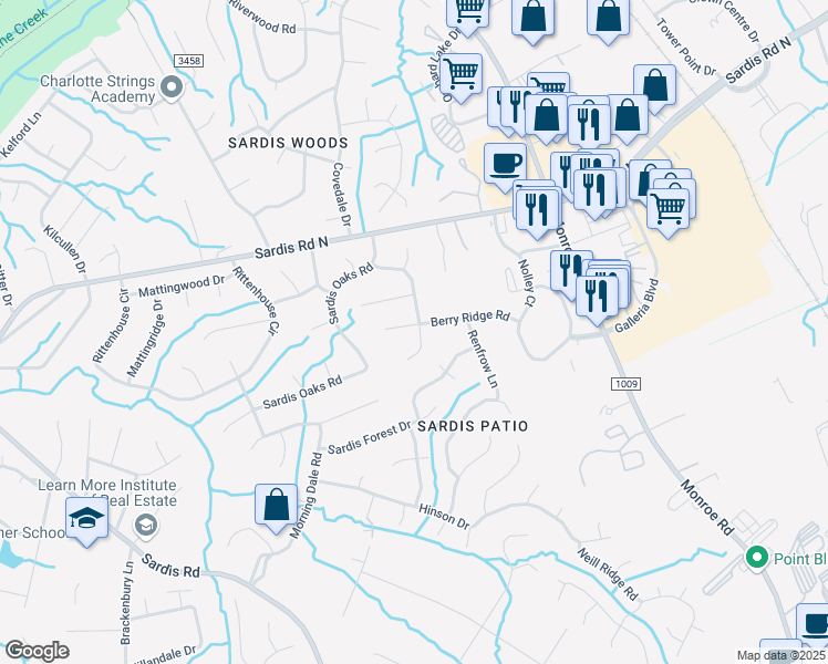 map of restaurants, bars, coffee shops, grocery stores, and more near 1300 Rock Point Road in Charlotte