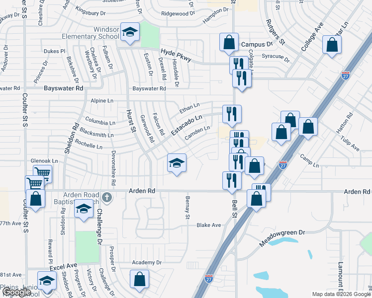 map of restaurants, bars, coffee shops, grocery stores, and more near 6300 Oakcrest Lane in Amarillo